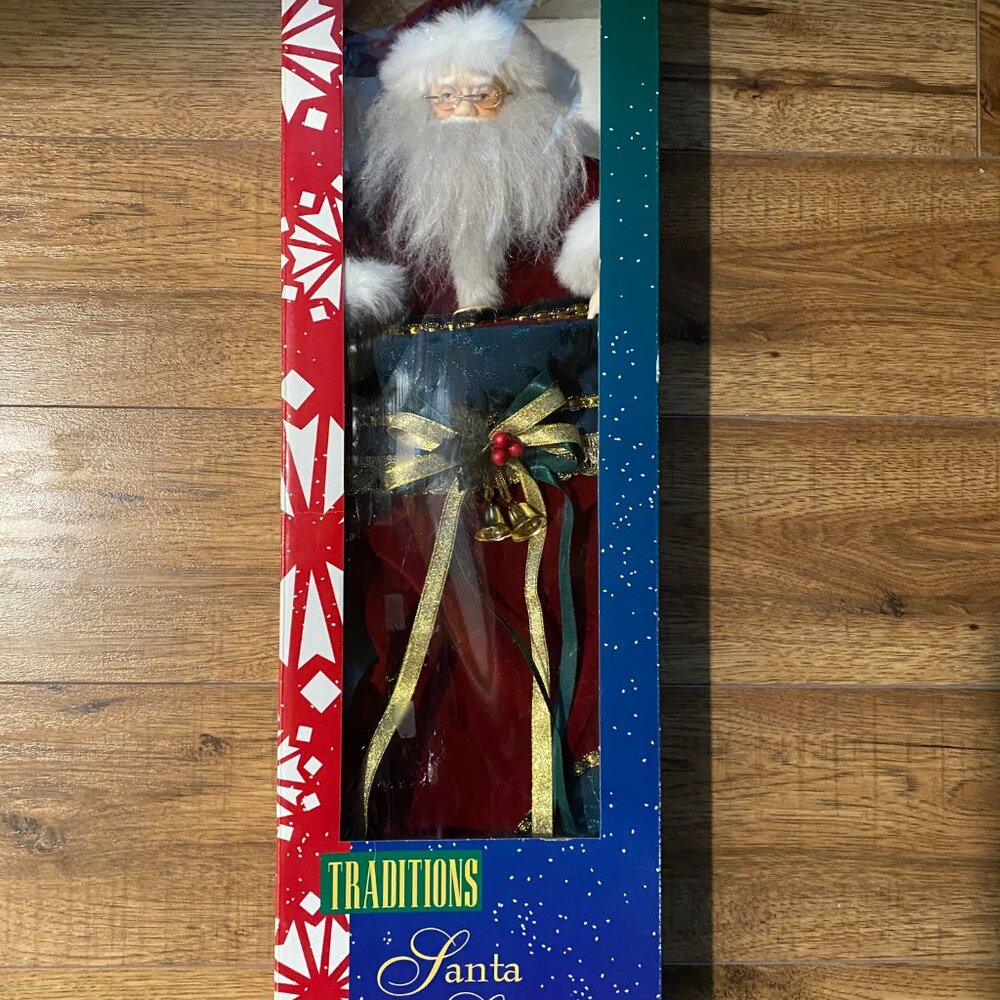 Santa Christmas Stocking Porcelain Features Original Box Velvet Outfit